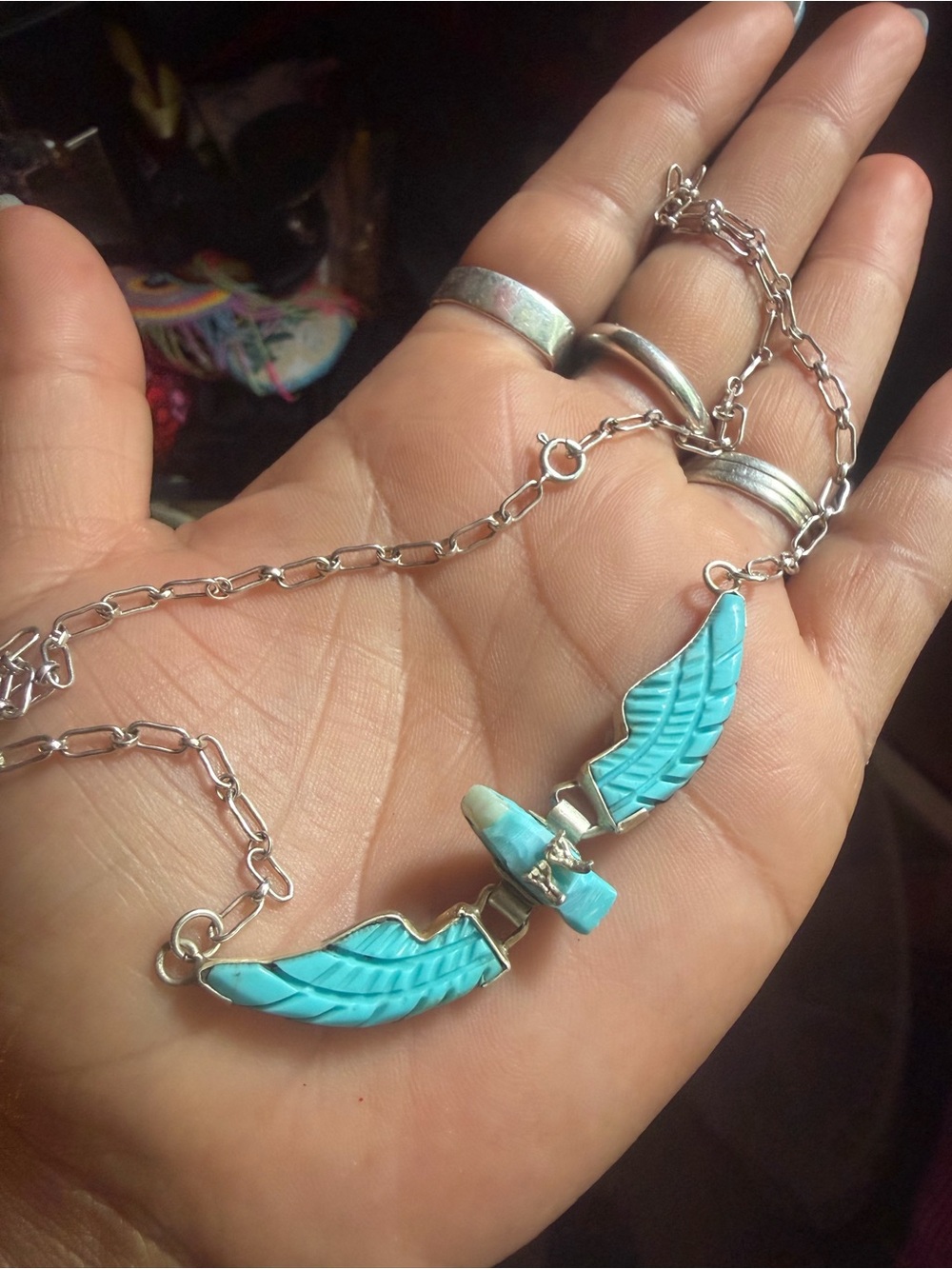 Turquoise and Silver Thunderbird Winged Pendant Necklace - Women Jewelry